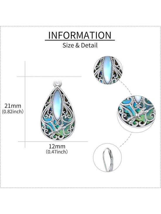 JUSORA Dragonfly Filigree Earrings Sterling Silver Teardrop  Women\'s Dragonfly Silver Teardrop Abalone Shell Drop Dragonfly Filigree Earrings
